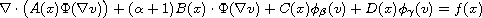 $$
 \nabla \cdot \big(A(x)\Phi(\nabla v)\big)
 + (\alpha+1)B(x)\cdot\Phi(\nabla v) + C(x) \phi_\beta(v)
 + D(x) \phi_\gamma (v)=f(x)
 $$