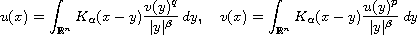 $$
  u(x)=\int_{\mathbb{R}^n}K_{\alpha}(x-y)\frac{v(y)^q}{|y|^\beta}\,dy,
 \quad
  v(x)=\int_{\mathbb{R}^n}K_{\alpha}(x-y)\frac{u(y)^p}{|y|^\beta}\,dy
 $$