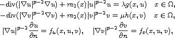 $$\displaylines{
 -\hbox{div}(|\nabla u|^{p-2} \nabla u)+m_1(x)|u|^{p-2}u
 =\lambda g(x,u) \quad x\in \Omega,\cr
 -\hbox{div}(|\nabla v|^{p-2} \nabla v)+m_2(x)|v|^{p-2}v=\mu
 h(x,v)  \quad x\in \Omega,\cr
 |\nabla u|^{p-2}\frac{\partial u}{\partial n}=f_u(x,u,v),\quad
 |\nabla v|^{p-2}\frac{\partial v}{\partial n}=f_v(x,u,v),
 }$$