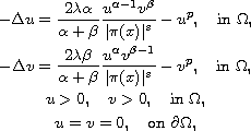 $$\displaylines{
 -\Delta u= \frac{2\lambda\alpha}{\alpha+\beta}
 \frac{u^{\alpha-1} v^\beta}{|\pi(x)|^s}- u^p,  \quad \hbox{in } \Omega,\cr
 -\Delta v= \frac{2\lambda\beta}{\alpha+\beta}
 \frac{u^\alpha v^{\beta-1}}{|\pi(x)|^s}- v^p,   \quad \hbox{in }  \Omega,\cr
 u>0,\quad v>0, \quad \hbox{in }  \Omega,\cr
 u=v=0, \quad \hbox{on }   \partial\Omega,
 }$$
