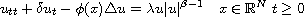 $$
  u_{tt}+\delta u_t-\phi(x)\triangle u=\lambda u|u|^{\beta-1}\quad
 x\in \mathbb{R}^N\; t\geq0
 $$