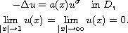 $$\displaylines{
 -\Delta u=a(x)u^{\sigma }\quad\hbox{in }D, \cr
 \lim _{|x|\to 1}u(x)= \lim_{|x|\to \infty}u(x) =0.
 }$$