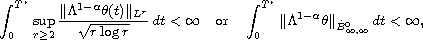 $$
 \int_0^{T^*} \sup_{r\geq 2}\frac{\|\Lambda^{1-\alpha}
 \theta(t)\|_{L^{r}}} {\sqrt{r\log r}}\,dt<\infty \quad \text{or}\quad
 \int_0^{T^*} \|\Lambda^{1-\alpha} \theta\|_{\dot{B}^0_{\infty,\infty}}\,
 dt  <\infty,
 $$