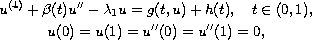 $$\displaylines{
 u^{(4)}+\beta(t)u''-\lambda_1u=g(t, u)+h(t),\quad t\in(0, 1),\cr
 u(0)=u(1)=u''(0)=u''(1)=0,
 }$$