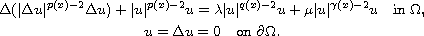 $$\displaylines{
 \Delta (|\Delta u|^{p(x)-2}\Delta u)+|u|^{p(x)-2}u
 =\lambda |u|^{q(x)-2}u +\mu|u|^{\gamma(x)-2}u\quad \text{in } \Omega,\cr
 u=\Delta u=0  \quad \text{on } \partial\Omega.
 }$$