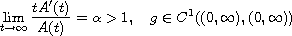 $$
 \lim_{t\to \infty}\frac{tA'(t)}{A(t)}=\alpha>1, \quad
 g \in C^1((0,\infty),(0,\infty))
 $$